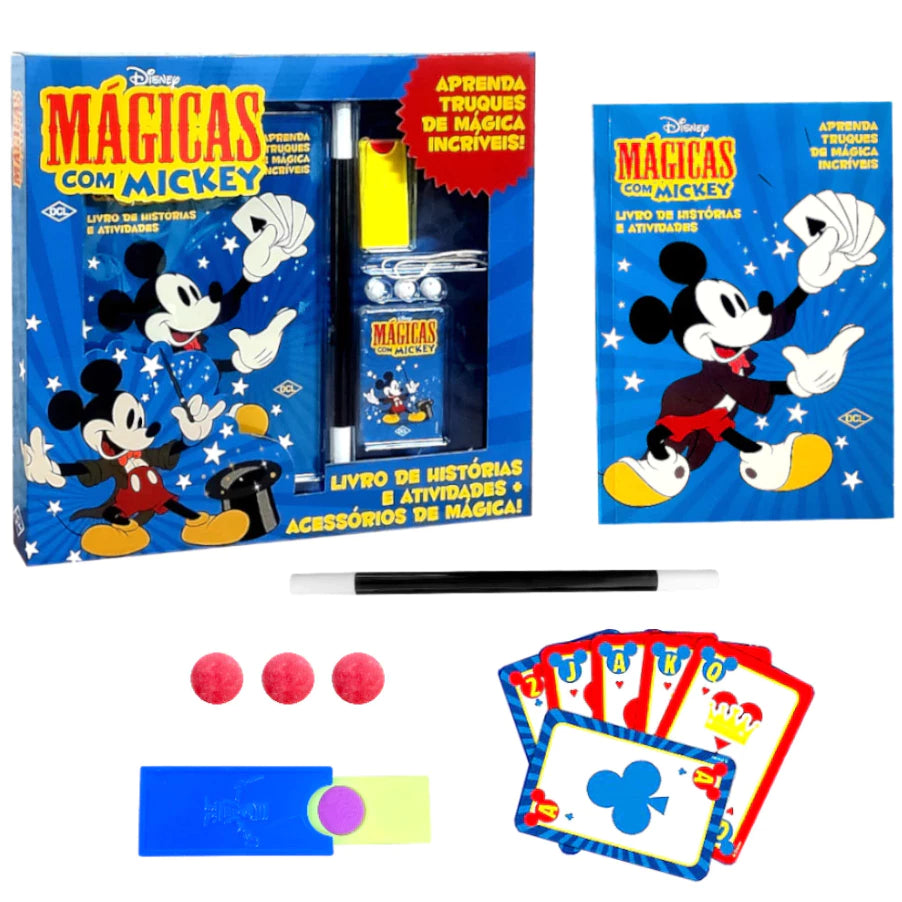 Kit Mágicas Mickey Livro + Acessórios de Truques Box Aprenda Truques de Mágica Incríveis Infantil