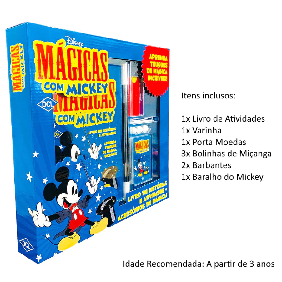 Kit Mágicas Mickey Livro + Acessórios de Truques Box Aprenda Truques de Mágica Incríveis Infantil