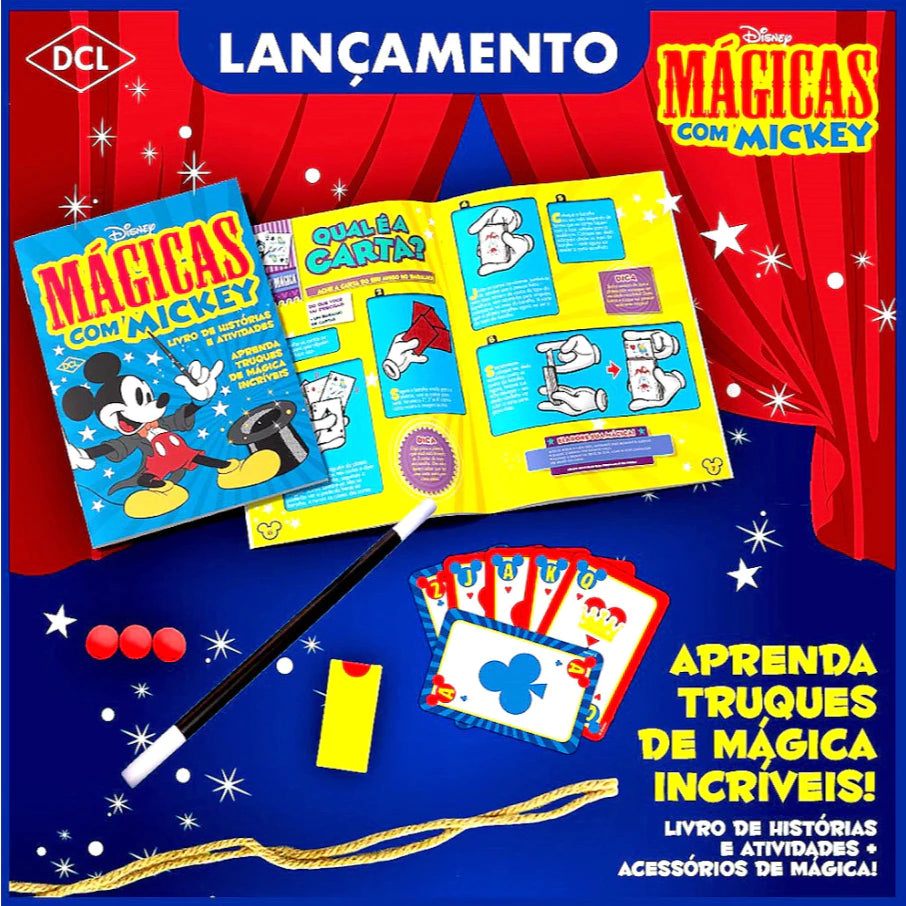 Kit Mágicas Mickey Livro + Acessórios de Truques Box Aprenda Truques de Mágica Incríveis Infantil