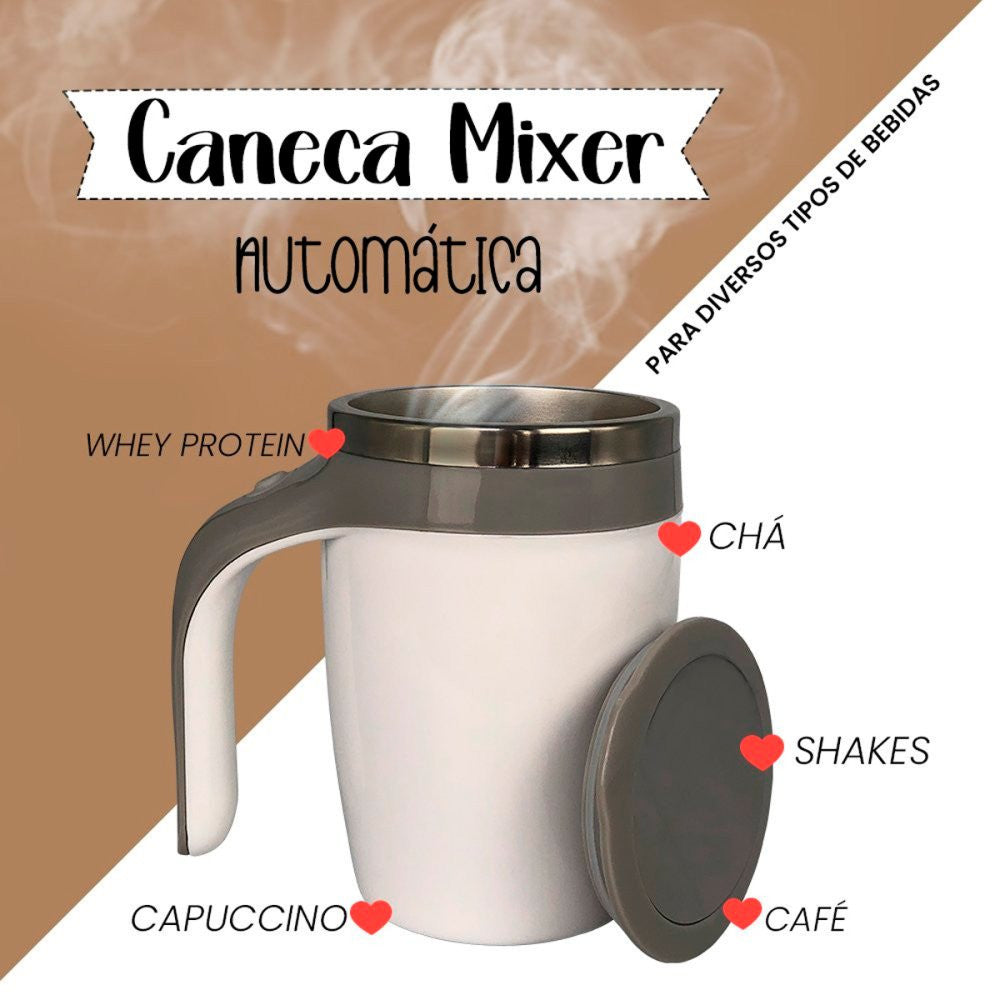 Caneca Mixer Inox Automática Elétrica Misturador 380ml misture copo caneca alça economize bater