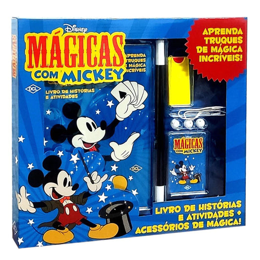 Kit Mágicas Mickey Livro + Acessórios de Truques Box Aprenda Truques de Mágica Incríveis Infantil